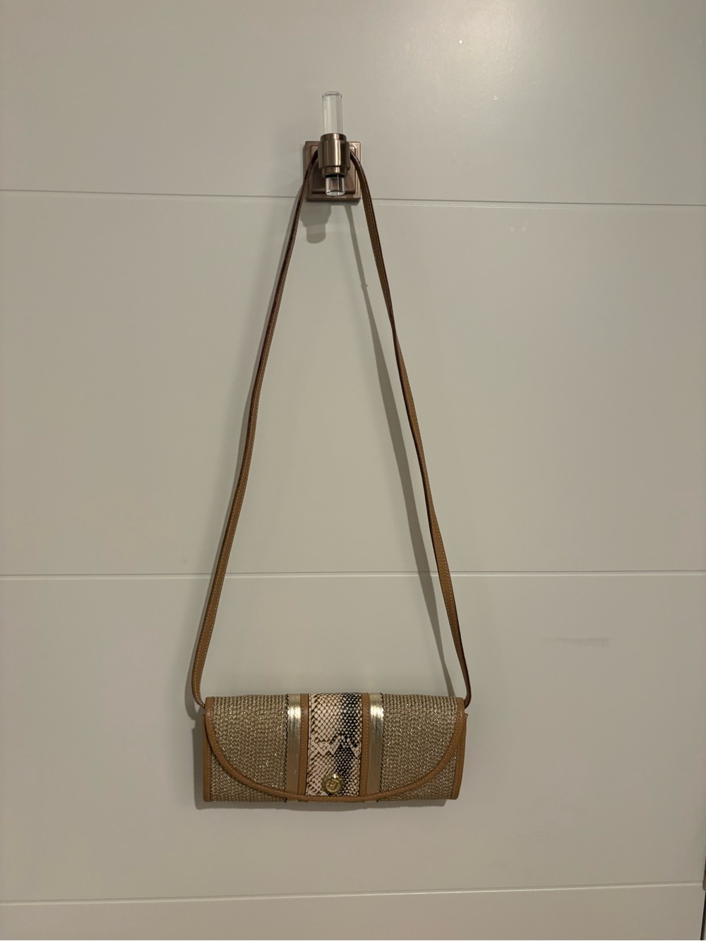 Eric Javits Tan Woven Crossbody with Snake-Print Accent and Gold Trim